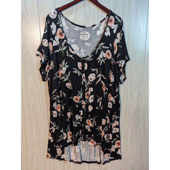 Torrid Black Floral Babydoll Super Soft Ruffle Short Sleeve Tunic 5XL Flowy - Picture 2 of 7